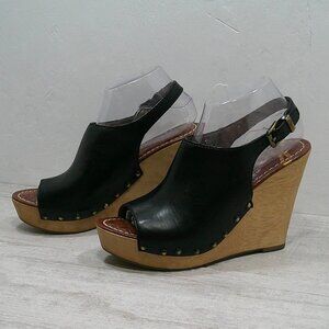 Sam Edleman Black Boho Leather Sling Back Studded Wedge Wood Heel Size 9.5 M